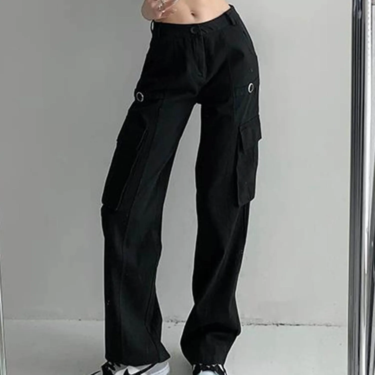 BZGTZT Womens Low Rise Straight Wide Leg Pants Retro Multi-Pocket Trousers Y2k Harajuku Streetwear for 90s Girls Sweatpants