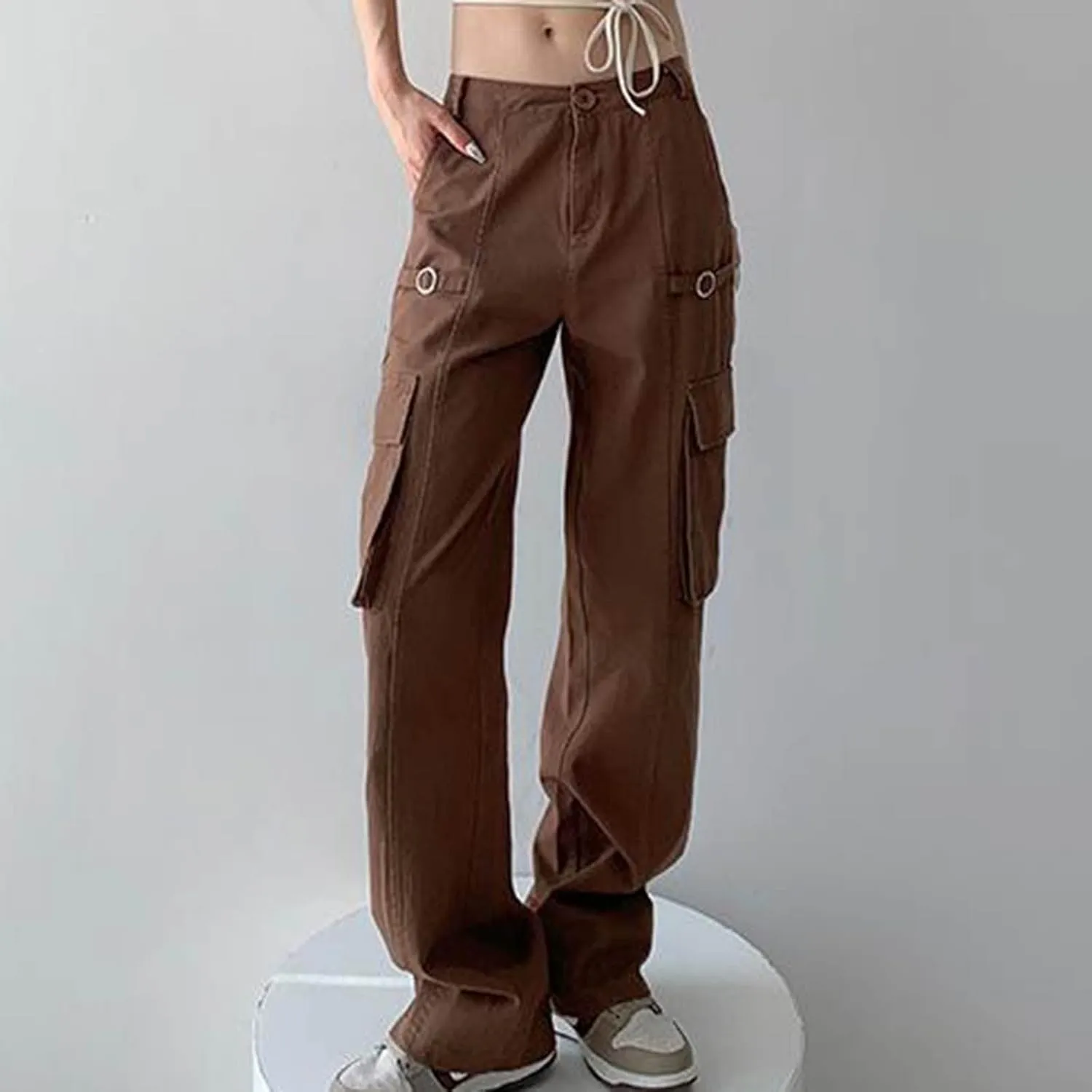 BZGTZT Womens Low Rise Straight Wide Leg Pants Retro Multi-Pocket Trousers Y2k Harajuku Streetwear for 90s Girls Sweatpants