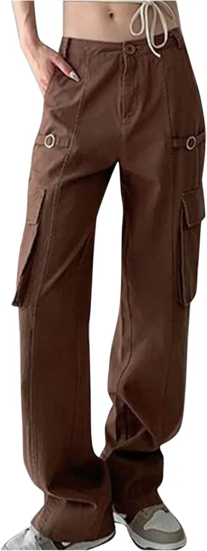 BZGTZT Womens Low Rise Straight Wide Leg Pants Retro Multi-Pocket Trousers Y2k Harajuku Streetwear for 90s Girls Sweatpants