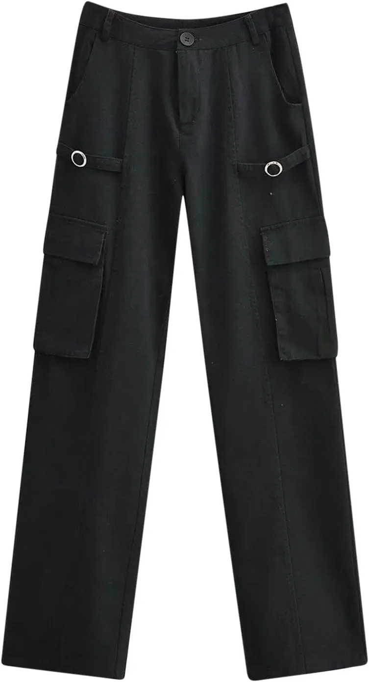 BZGTZT Womens Low Rise Straight Wide Leg Pants Retro Multi-Pocket Trousers Y2k Harajuku Streetwear for 90s Girls Sweatpants