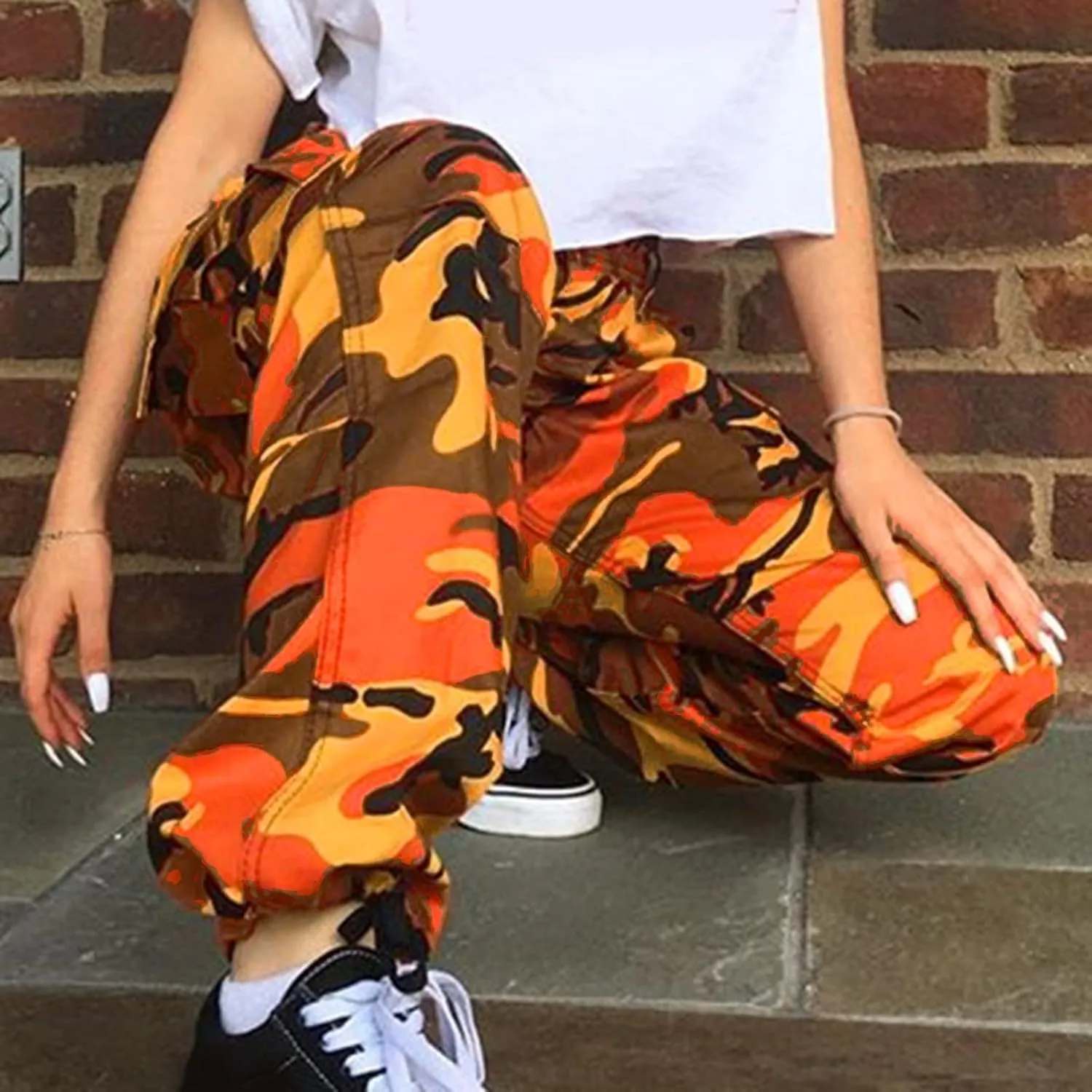 Camo Cargo Pants for Women High Waist Camouflage Jeans Pants Streetwear Pockets Retro Women Cargo Joggers Harem Pants