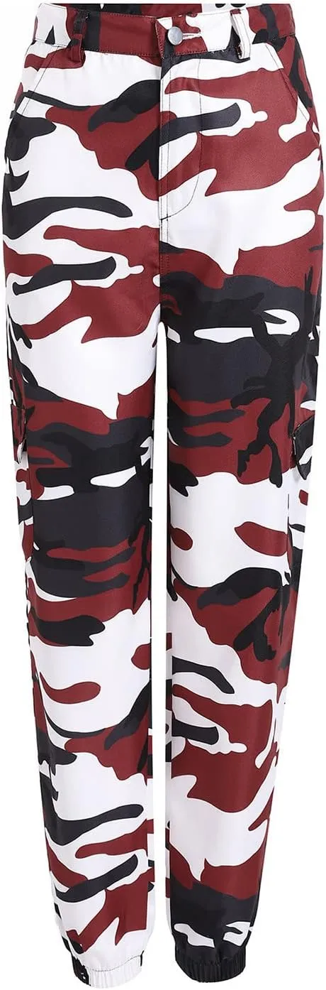 Camo Cargo Pants for Women High Waist Camouflage Jeans Pants Streetwear Pockets Retro Women Cargo Joggers Harem Pants