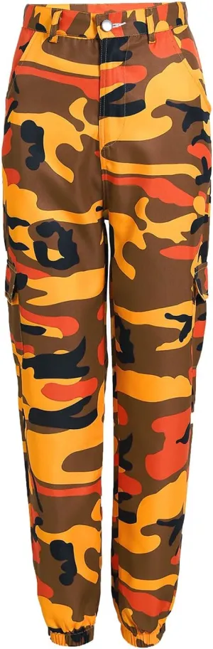 Camo Cargo Pants for Women High Waist Camouflage Jeans Pants Streetwear Pockets Retro Women Cargo Joggers Harem Pants