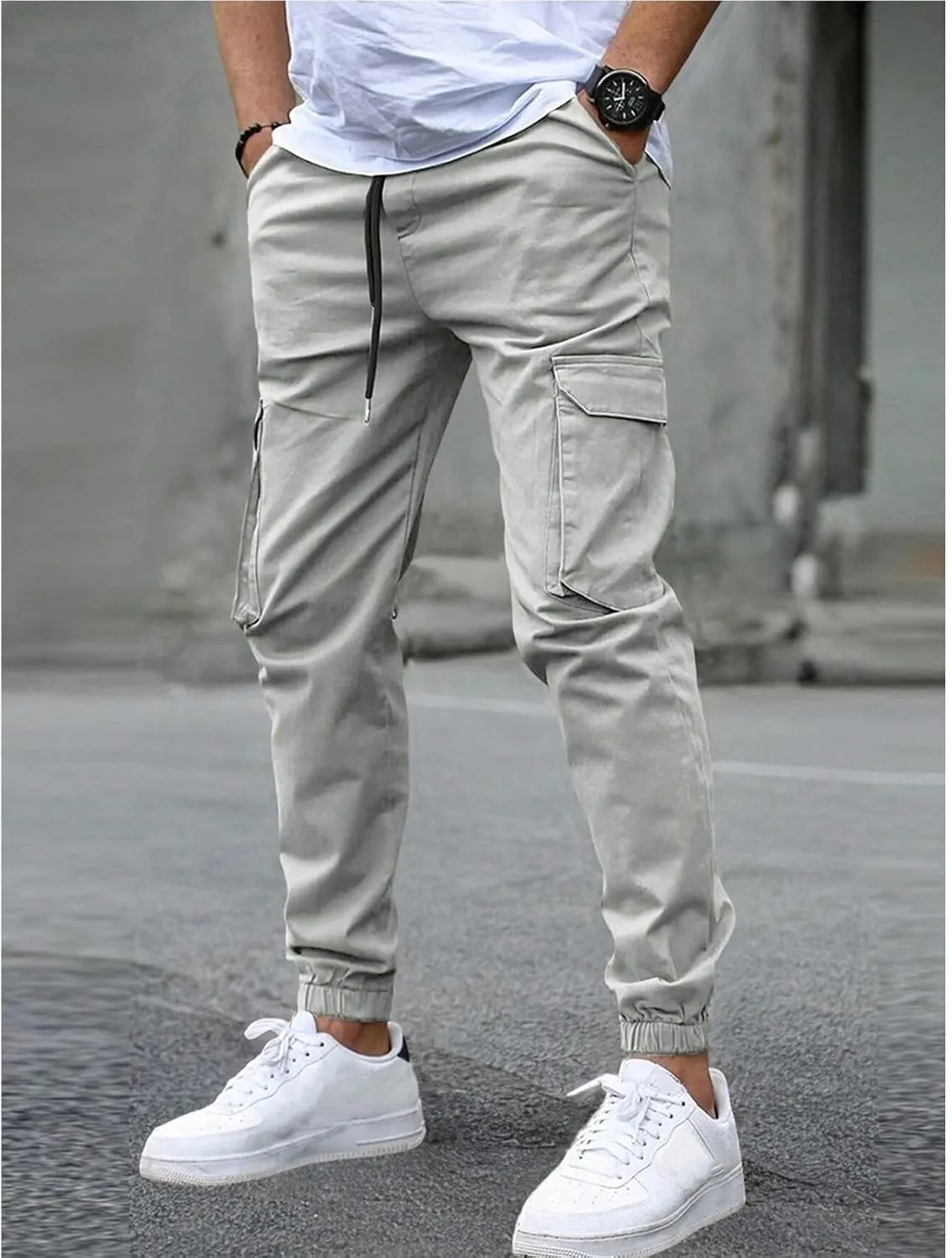 Cargo Pants for Men Casual Slim Fit Drawstring Waist Cargo Pants with Multi Pockets Trendy Outdoor Pants Streetwear