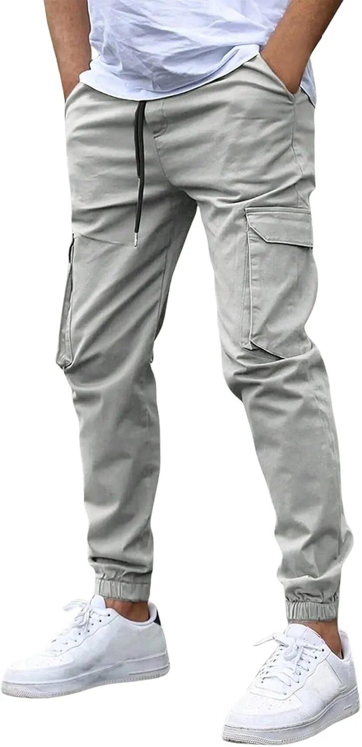 Cargo Pants for Men Casual Slim Fit Drawstring Waist Cargo Pants with Multi Pockets Trendy Outdoor Pants Streetwear