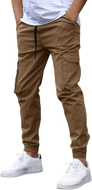 Cargo Pants for Men Casual Slim Fit Drawstring Waist Cargo Pants with Multi Pockets Trendy Outdoor Pants Streetwear