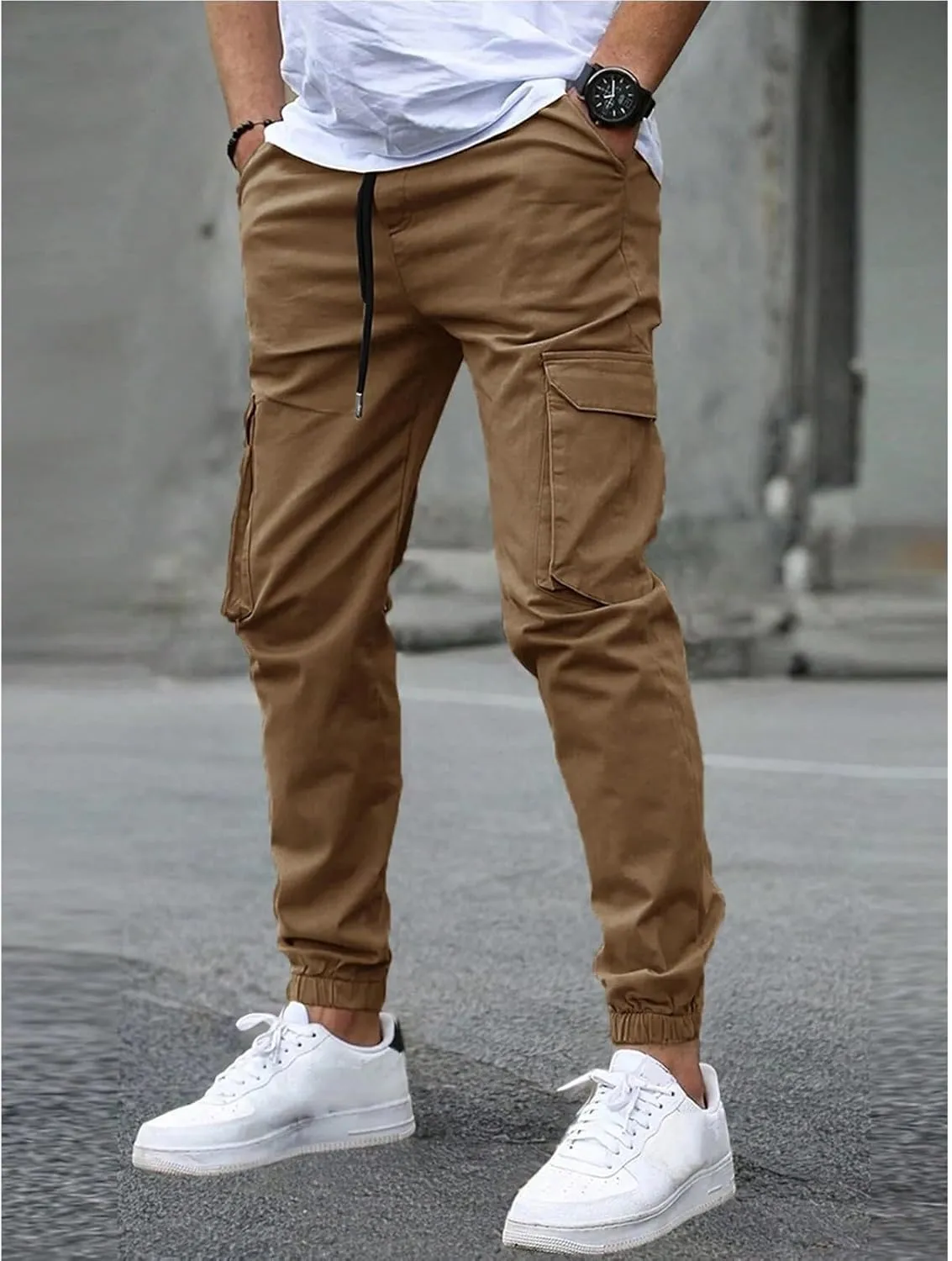 Cargo Pants for Men Casual Slim Fit Drawstring Waist Cargo Pants with Multi Pockets Trendy Outdoor Pants Streetwear