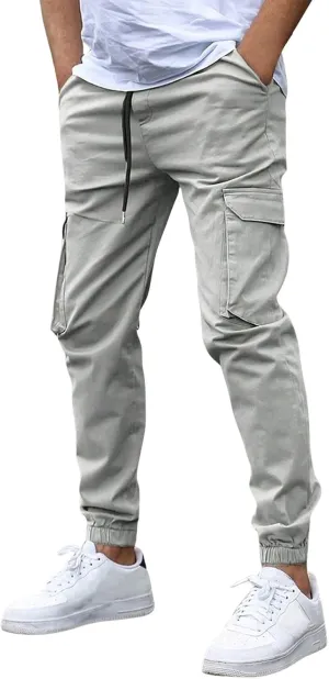 Cargo Pants for Men Casual Slim Fit Drawstring Waist Cargo Pants with Multi Pockets Trendy Outdoor Pants Streetwear