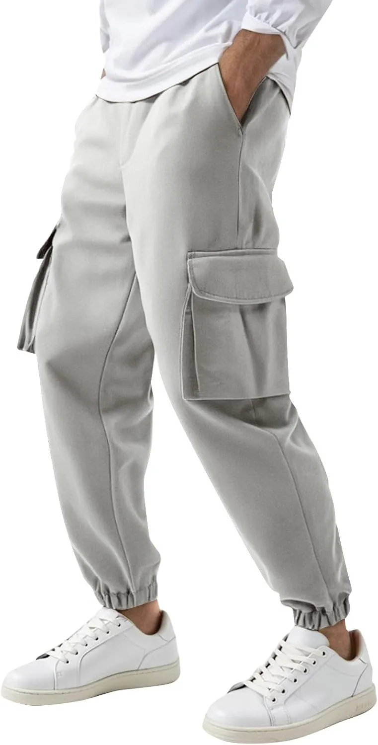 Cargo Pants for Men Casual Slim Fit Drawstring Waist Cargo Pants with Multi Pockets Trendy Outdoor Pants Streetwear