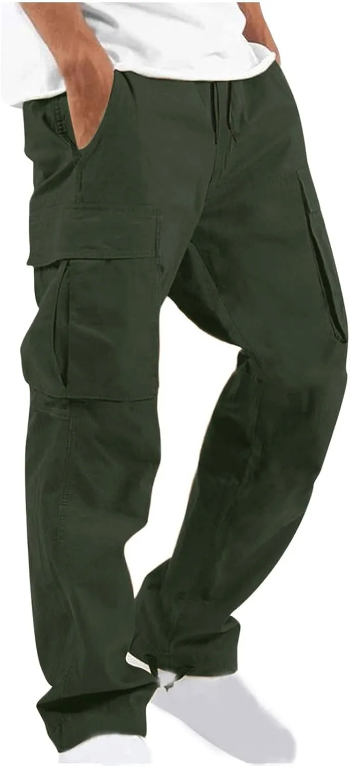 Cargo Pants for Men Drawstring Cargo Pants Workout Athletic Pants Elastic Waist Jogging Loose Straight Leg Work Pants