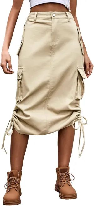 Cargo Skirts for Women High Waisted Casual A Line Side Drawstring Y2K Midi Long Skirt with Pockets Trendy Outfits