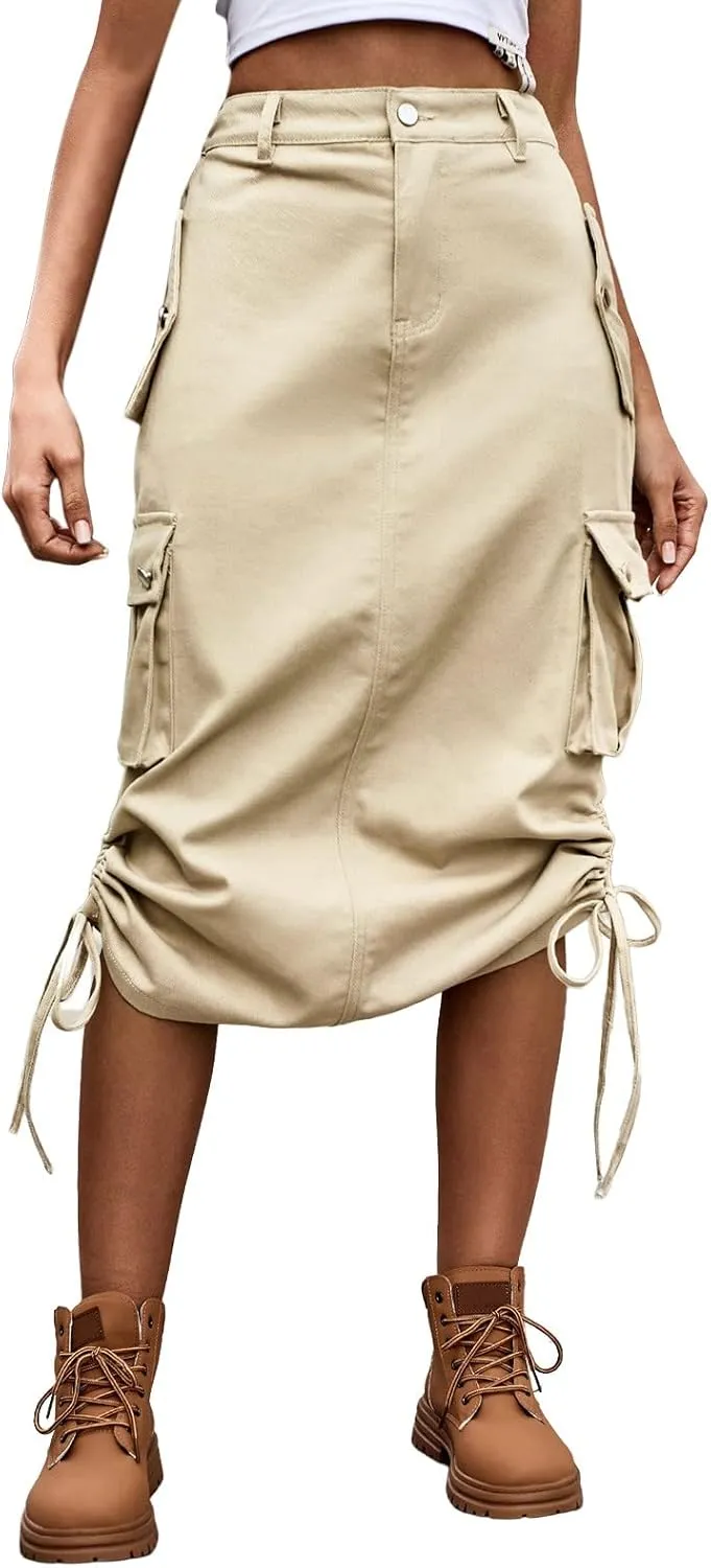 Cargo Skirts for Women High Waisted Casual A Line Side Drawstring Y2K Midi Long Skirt with Pockets Trendy Outfits