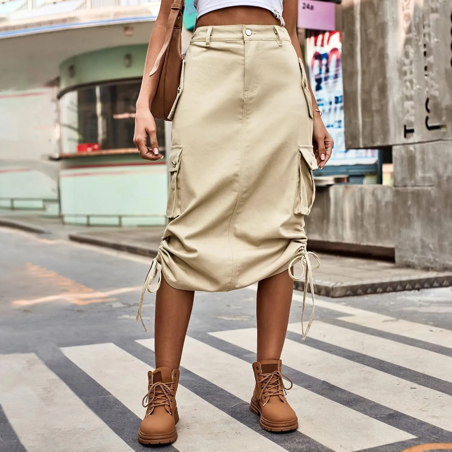 Cargo Skirts for Women High Waisted Casual A Line Side Drawstring Y2K Midi Long Skirt with Pockets Trendy Outfits