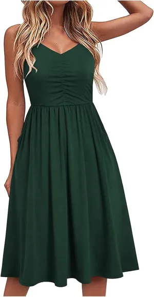 Casual Dresses for Women Spaghetti Strap Dress Sleeveless Dresses with Pockets Flowy Swing Shift Dresses Print Dress