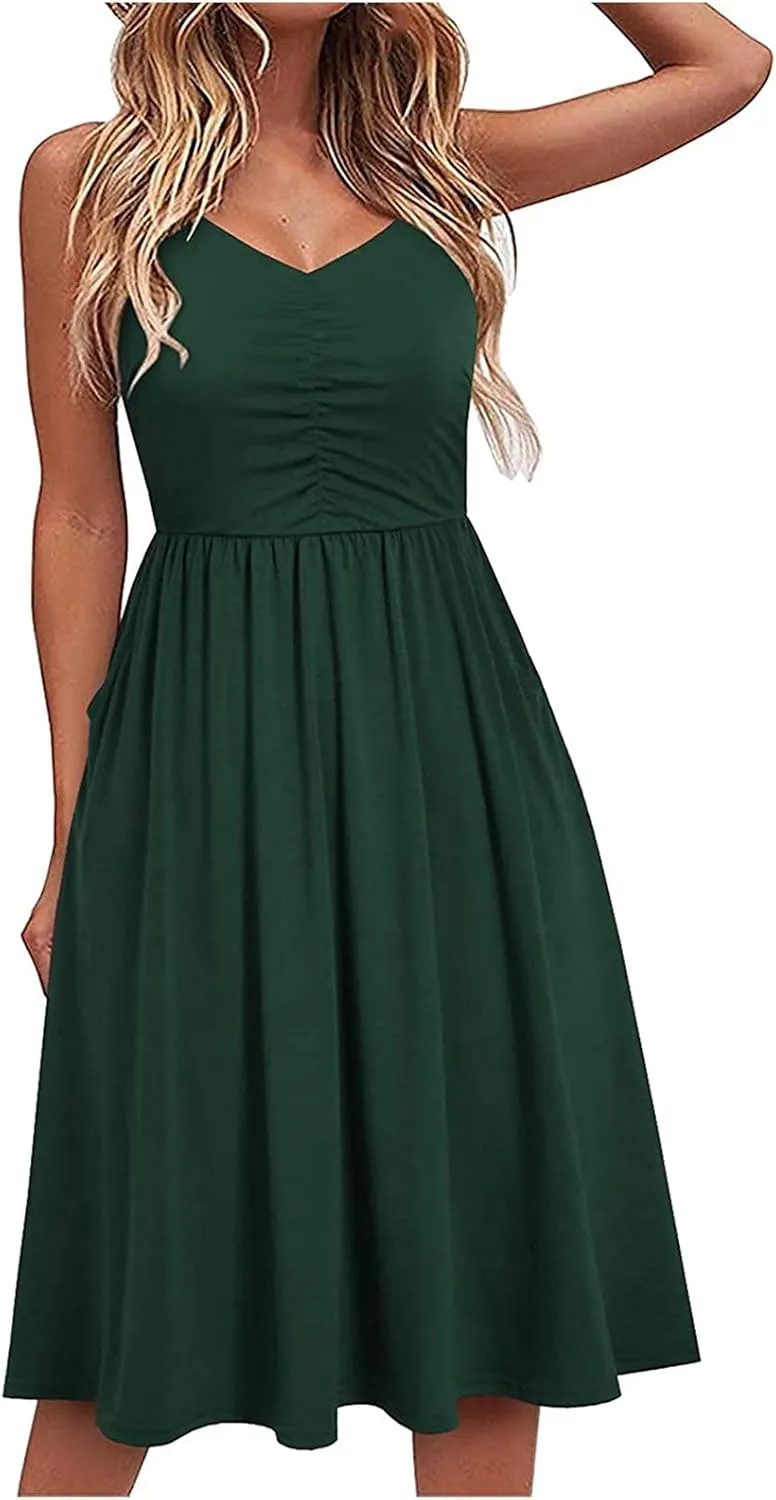 Casual Dresses for Women Spaghetti Strap Dress Sleeveless Dresses with Pockets Flowy Swing Shift Dresses Print Dress