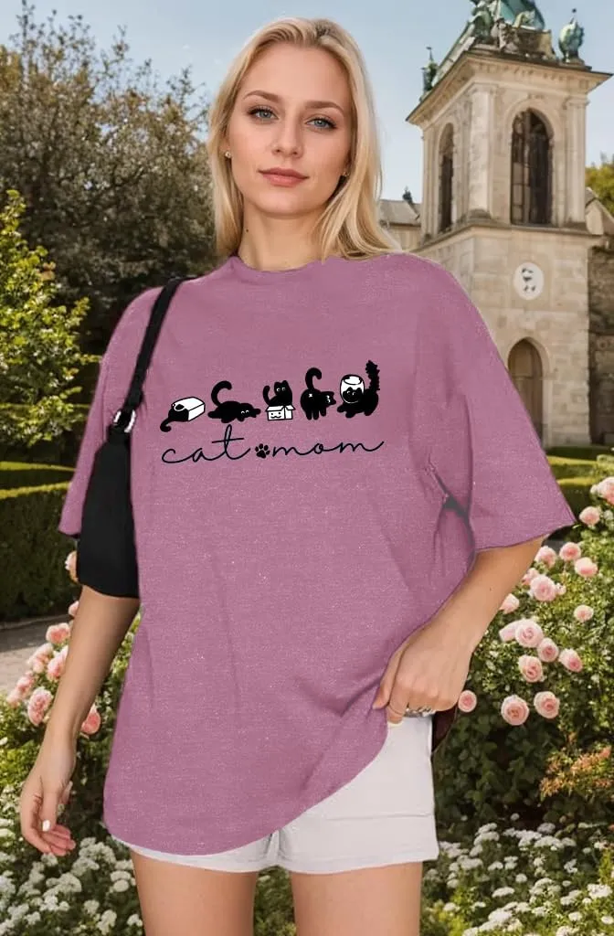 Cat Shirts for Women Cute Cat Mom Oversized Shirt Funny Pet Graphic Tees Y2k Teen Girl Clothes