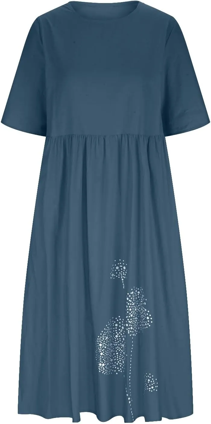 Ceboyel Women Cotton Linen Maxi Dress Dandelion Print Short Sleeve Dresses Boho Causal Summer Dress Cute Vacation Outfits