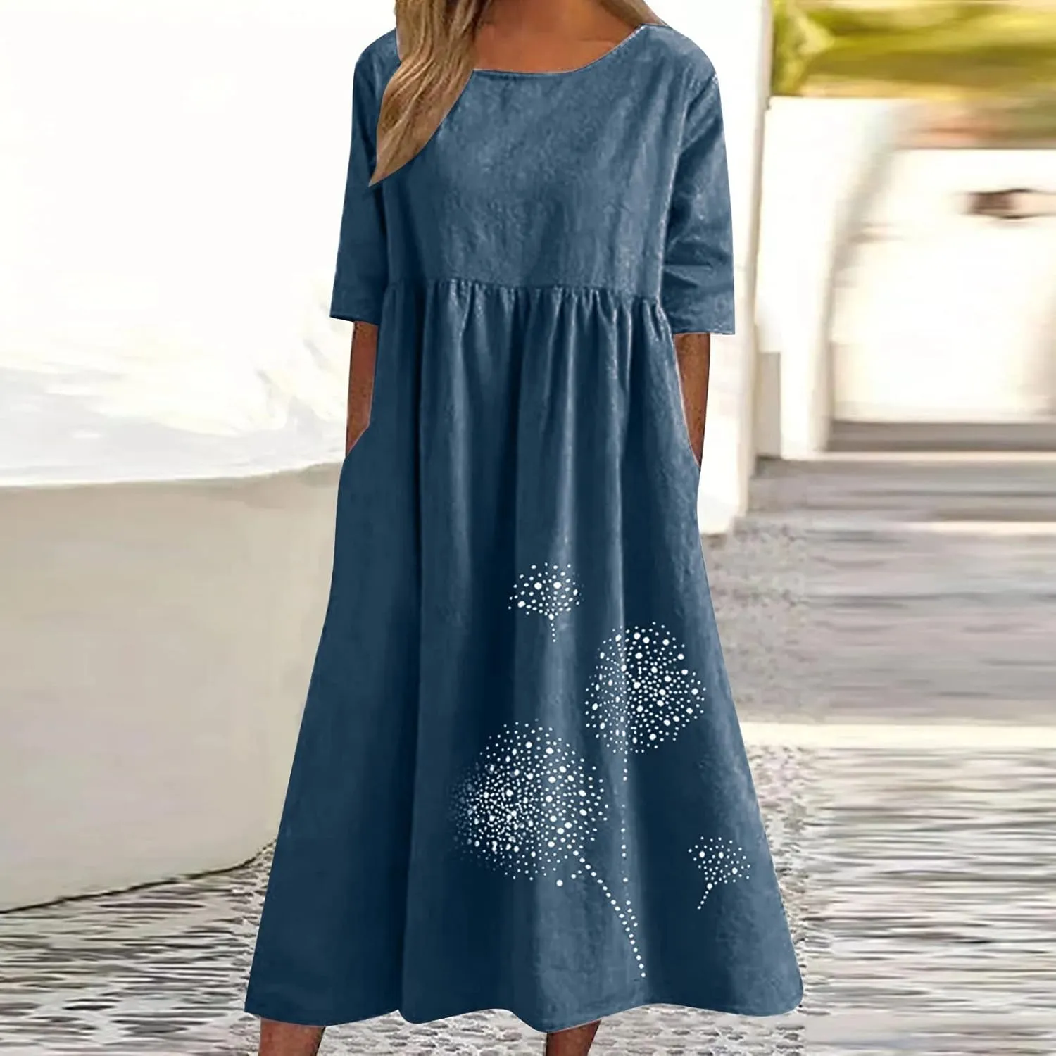 Ceboyel Women Cotton Linen Maxi Dress Dandelion Print Short Sleeve Dresses Boho Causal Summer Dress Cute Vacation Outfits