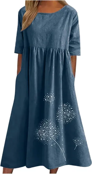 Ceboyel Women Cotton Linen Maxi Dress Dandelion Print Short Sleeve Dresses Boho Causal Summer Dress Cute Vacation Outfits