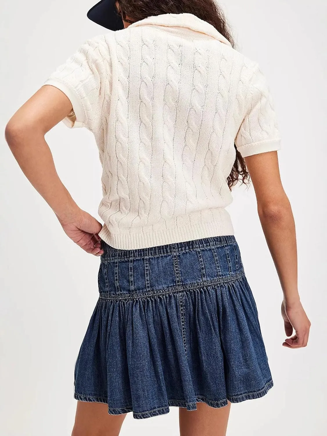 CHARTOU Women's Cute Y2k Pleated Mini Jean Skirt Ruffle Drawstring Short A Line Denim Skirts