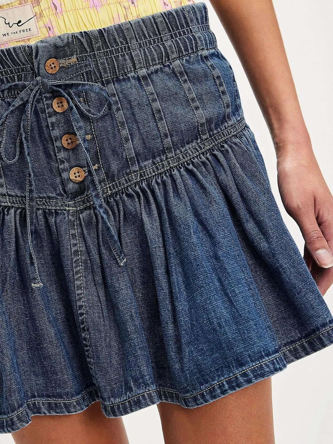 CHARTOU Women's Cute Y2k Pleated Mini Jean Skirt Ruffle Drawstring Short A Line Denim Skirts