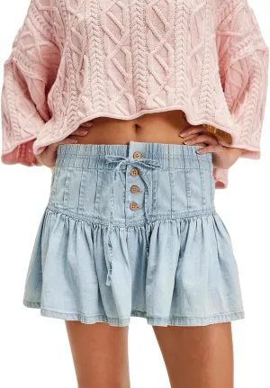 CHARTOU Women's Cute Y2k Pleated Mini Jean Skirt Ruffle Drawstring Short A Line Denim Skirts