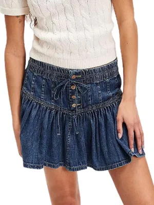 CHARTOU Women's Cute Y2k Pleated Mini Jean Skirt Ruffle Drawstring Short A Line Denim Skirts