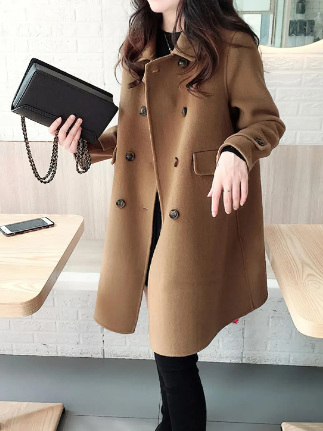 chouyatou Women's Elegant Lapel Collar Overcoat Mid Long Double Breasted Pea Coat Wool Blend Trench Coat