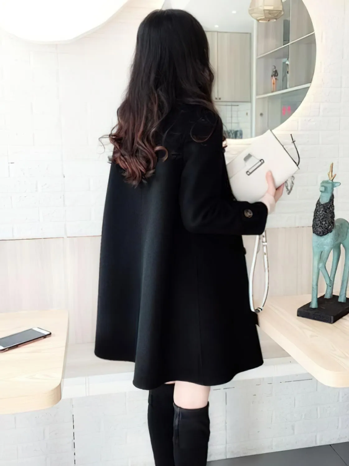 chouyatou Women's Elegant Lapel Collar Overcoat Mid Long Double Breasted Pea Coat Wool Blend Trench Coat