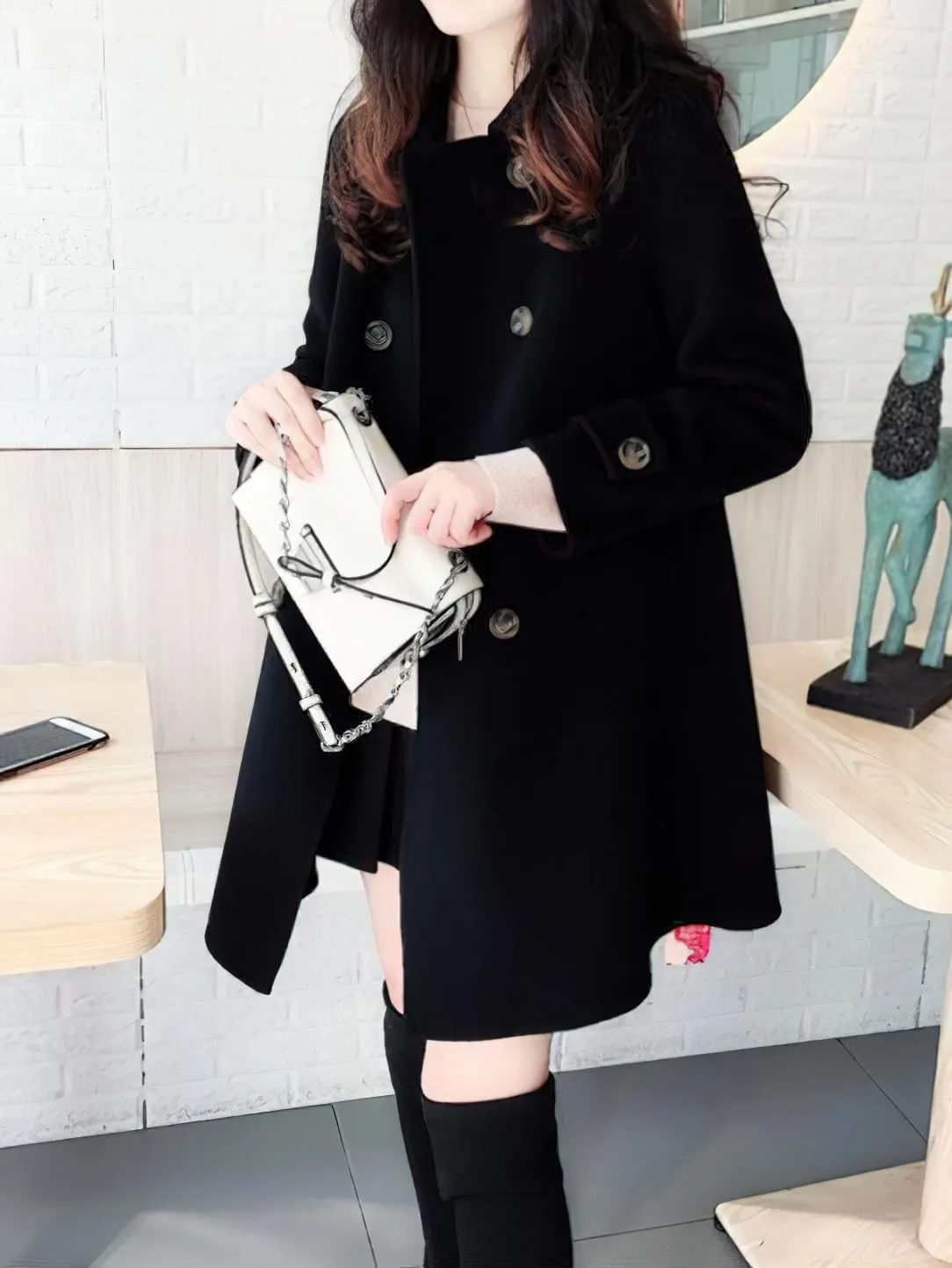 chouyatou Women's Elegant Lapel Collar Overcoat Mid Long Double Breasted Pea Coat Wool Blend Trench Coat