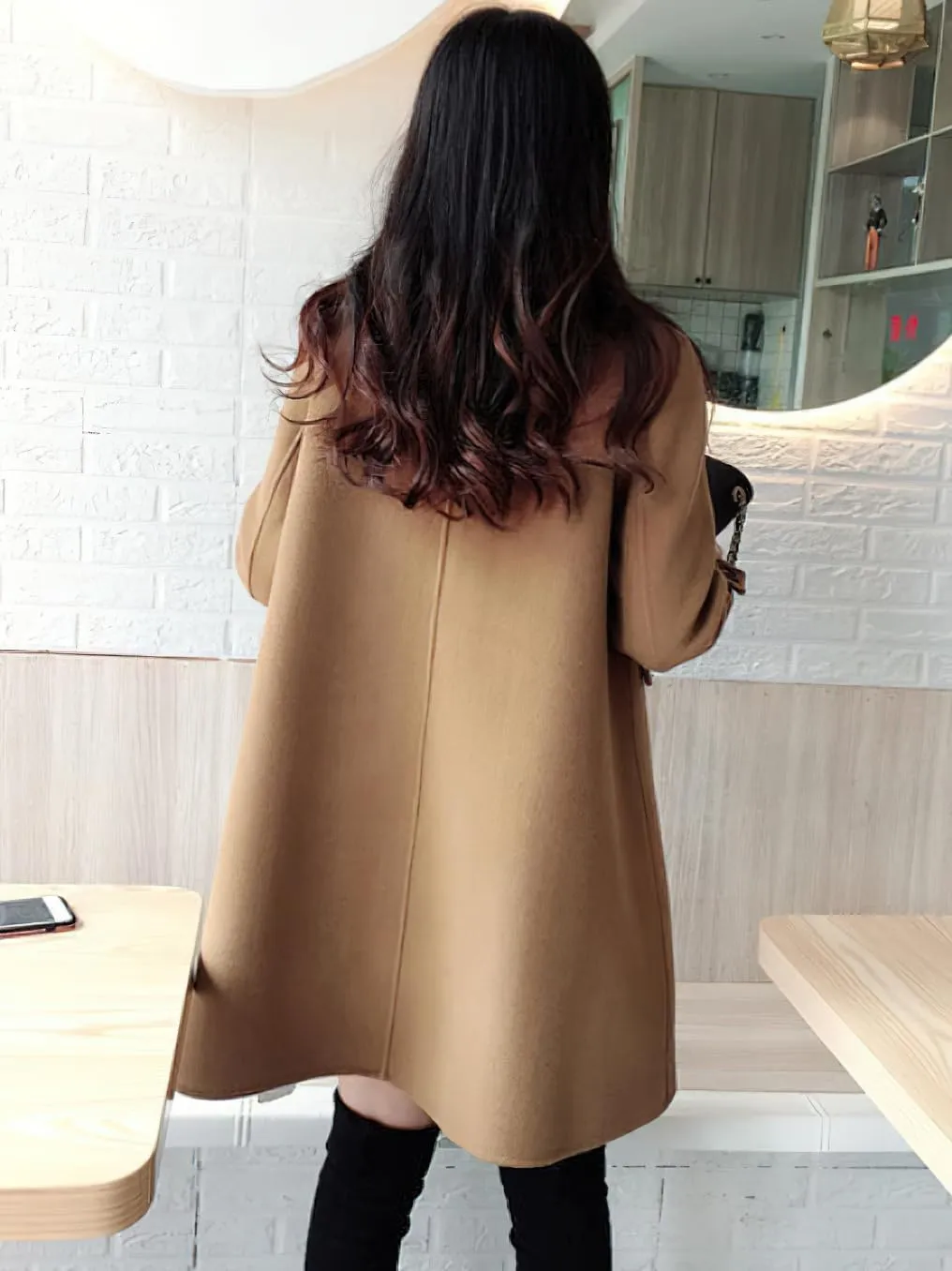 chouyatou Women's Elegant Lapel Collar Overcoat Mid Long Double Breasted Pea Coat Wool Blend Trench Coat