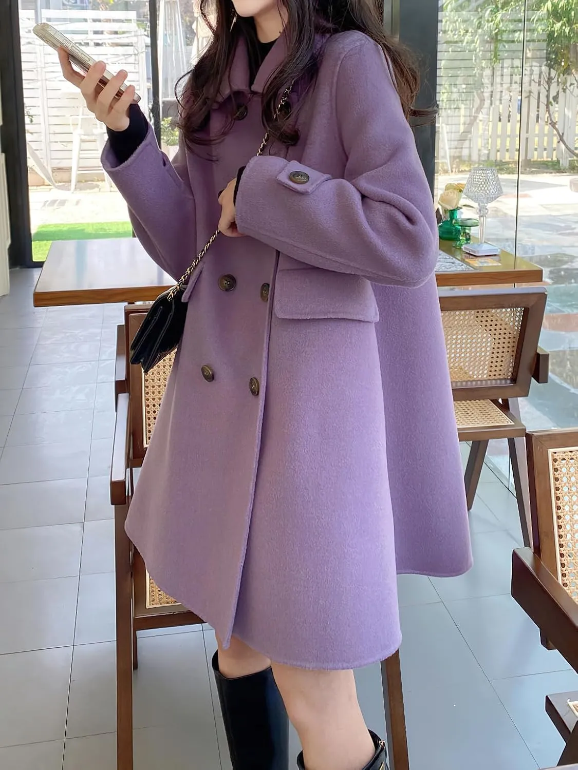 chouyatou Women's Elegant Lapel Collar Overcoat Mid Long Double Breasted Pea Coat Wool Blend Trench Coat