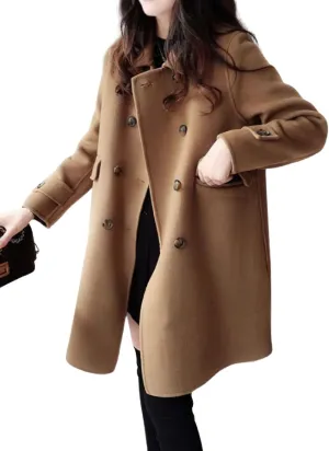 chouyatou Women's Elegant Lapel Collar Overcoat Mid Long Double Breasted Pea Coat Wool Blend Trench Coat