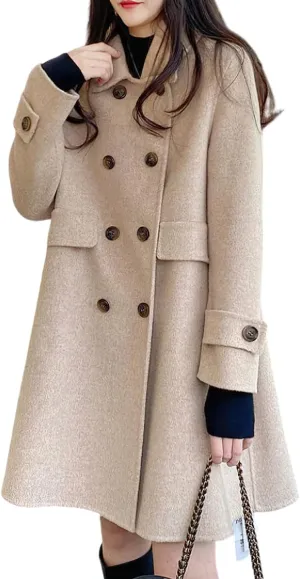chouyatou Women's Elegant Lapel Collar Overcoat Mid Long Double Breasted Pea Coat Wool Blend Trench Coat