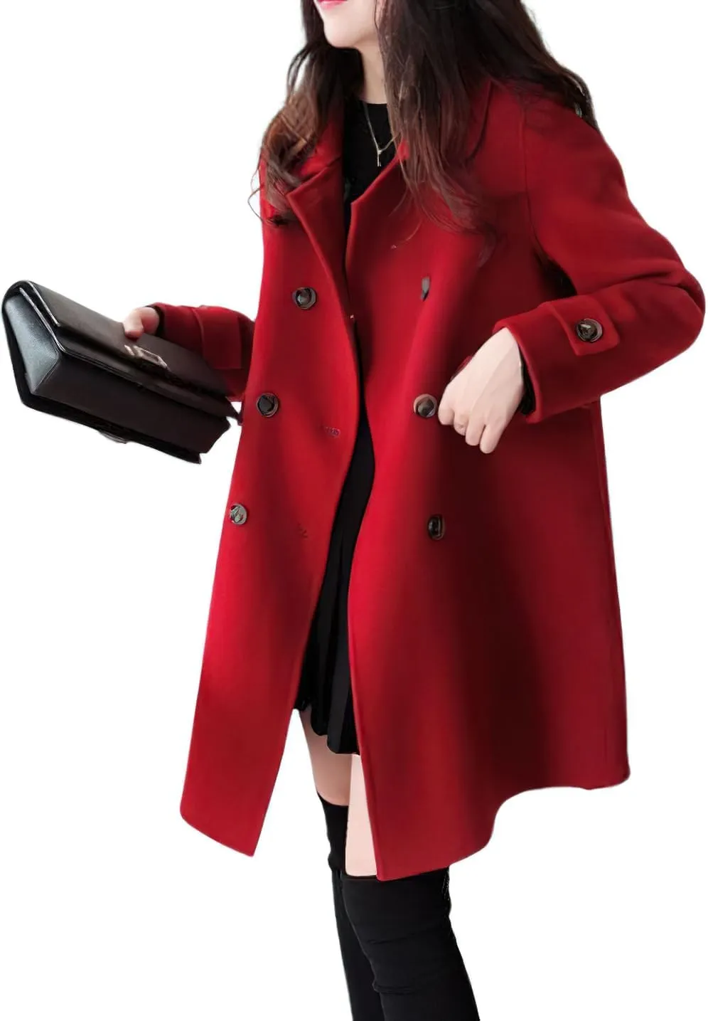 chouyatou Women's Elegant Lapel Collar Overcoat Mid Long Double Breasted Pea Coat Wool Blend Trench Coat