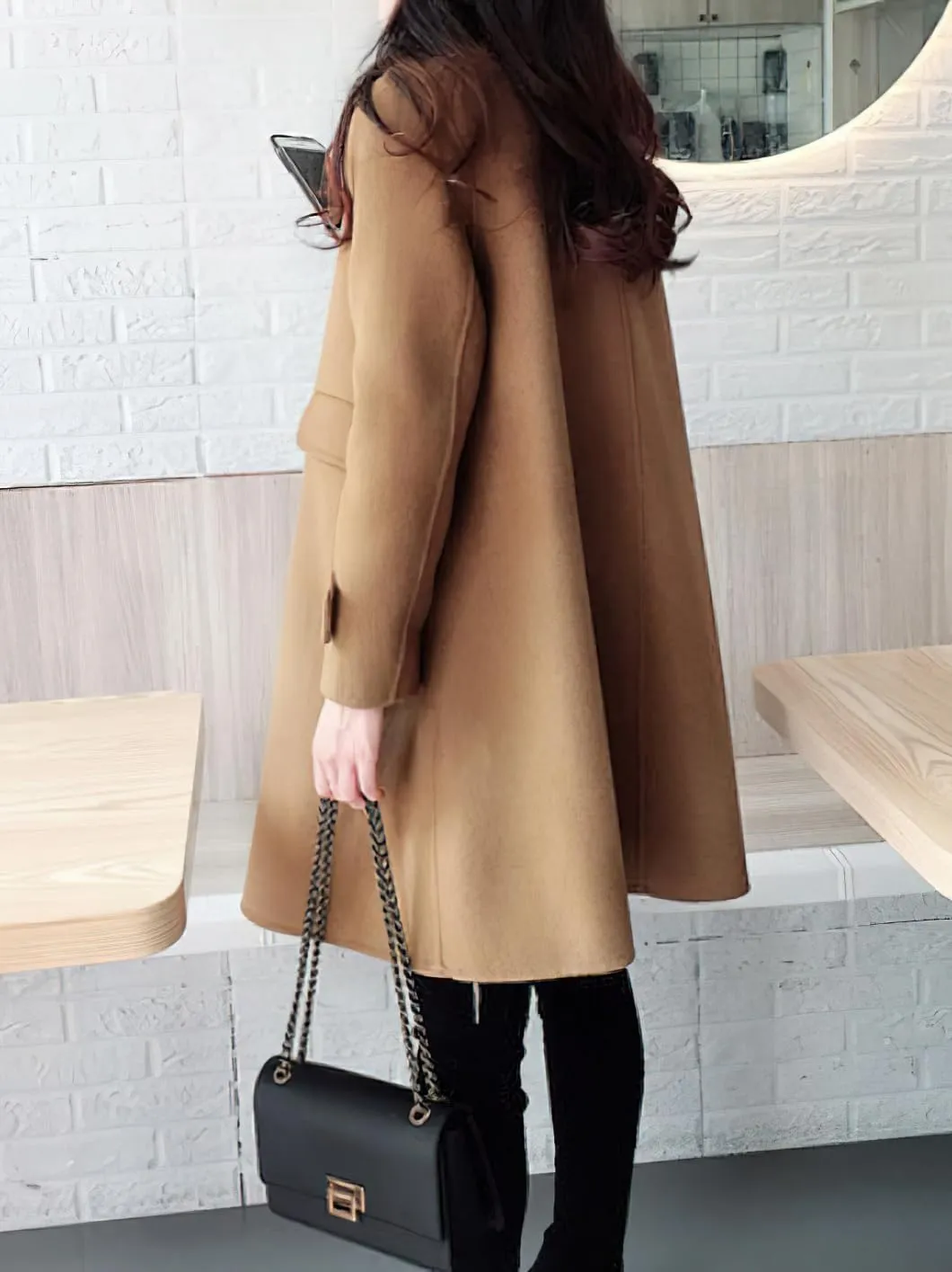 chouyatou Women's Elegant Lapel Collar Overcoat Mid Long Double Breasted Pea Coat Wool Blend Trench Coat