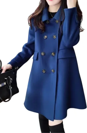 chouyatou Women's Elegant Lapel Collar Overcoat Mid Long Double Breasted Pea Coat Wool Blend Trench Coat