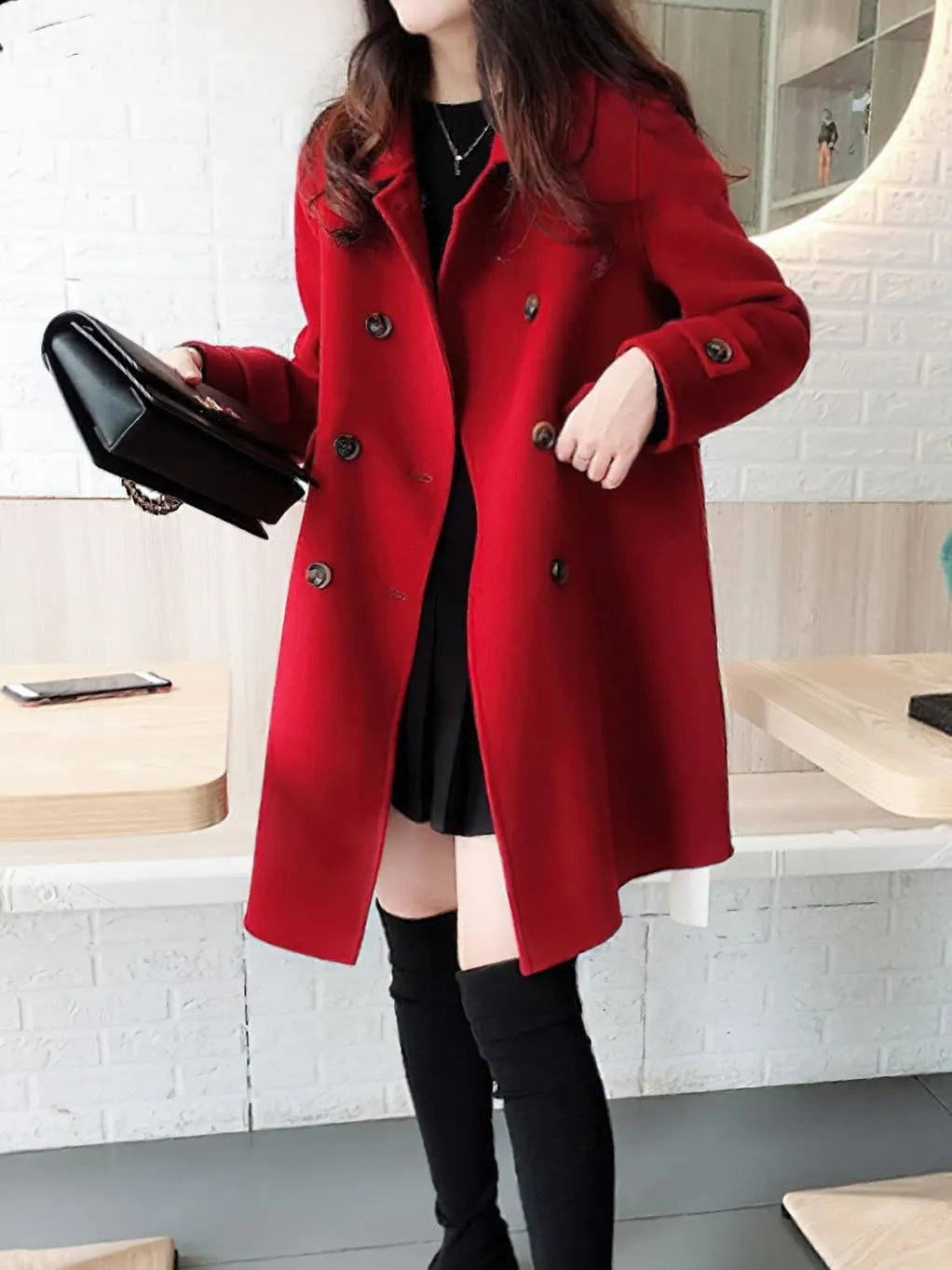 chouyatou Women's Elegant Lapel Collar Overcoat Mid Long Double Breasted Pea Coat Wool Blend Trench Coat