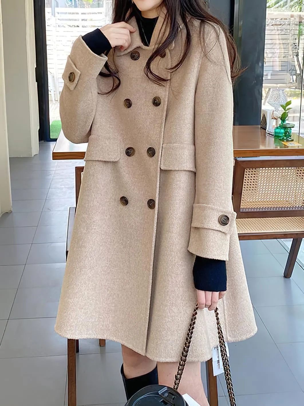 chouyatou Women's Elegant Lapel Collar Overcoat Mid Long Double Breasted Pea Coat Wool Blend Trench Coat