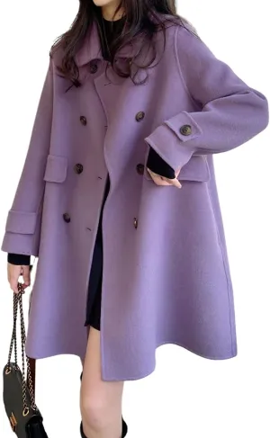 chouyatou Women's Elegant Lapel Collar Overcoat Mid Long Double Breasted Pea Coat Wool Blend Trench Coat