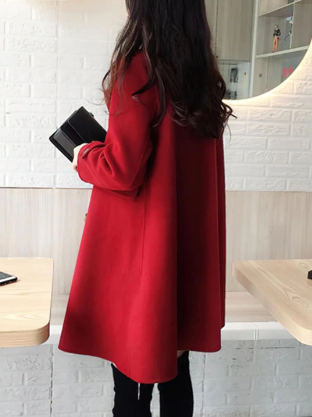chouyatou Women's Elegant Lapel Collar Overcoat Mid Long Double Breasted Pea Coat Wool Blend Trench Coat