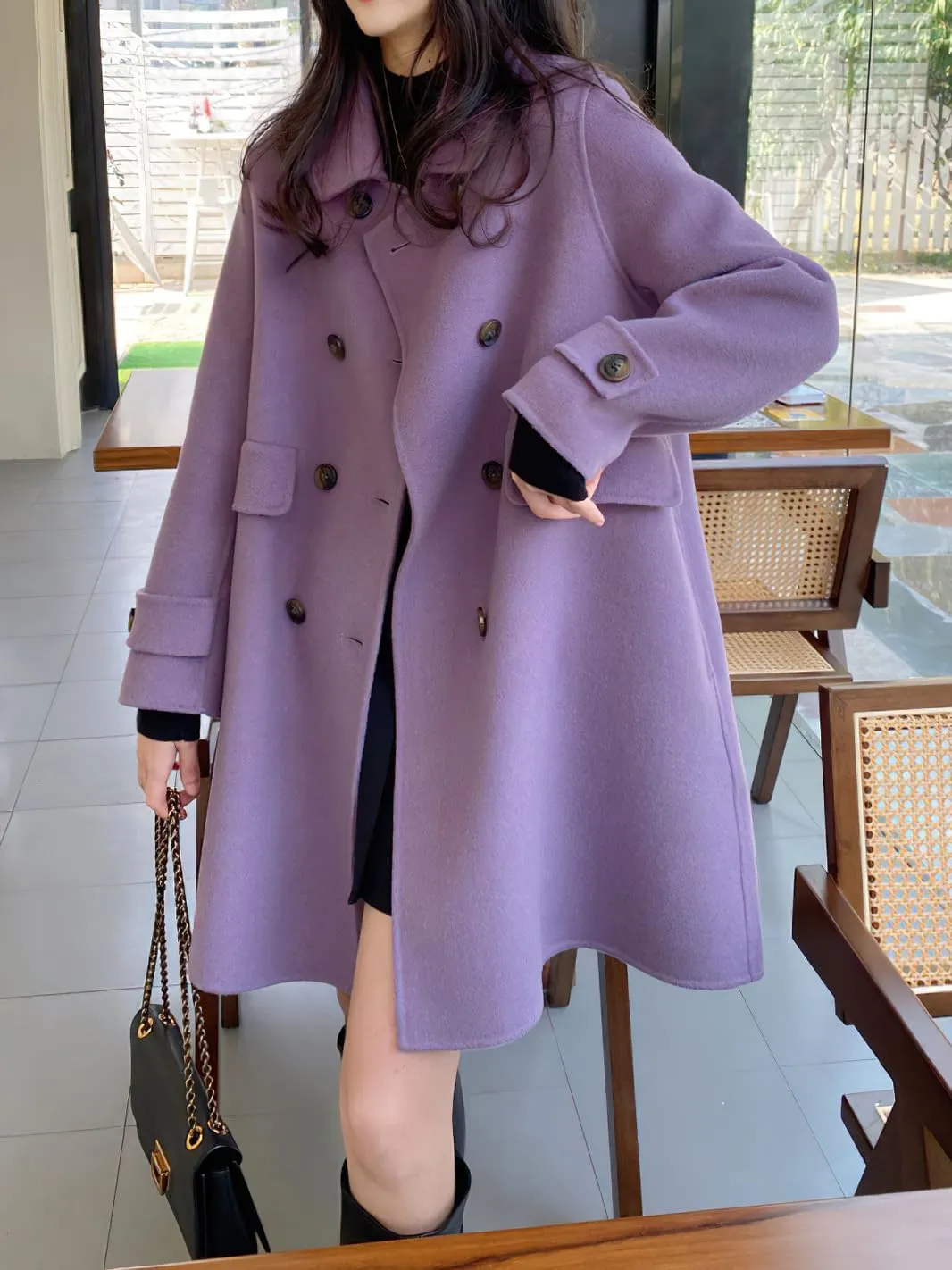 chouyatou Women's Elegant Lapel Collar Overcoat Mid Long Double Breasted Pea Coat Wool Blend Trench Coat