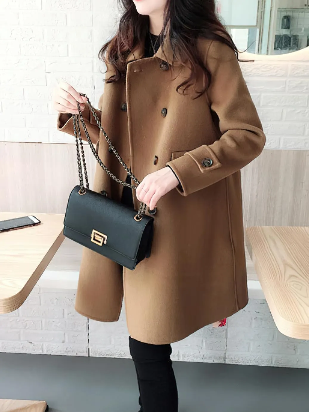 chouyatou Women's Elegant Lapel Collar Overcoat Mid Long Double Breasted Pea Coat Wool Blend Trench Coat
