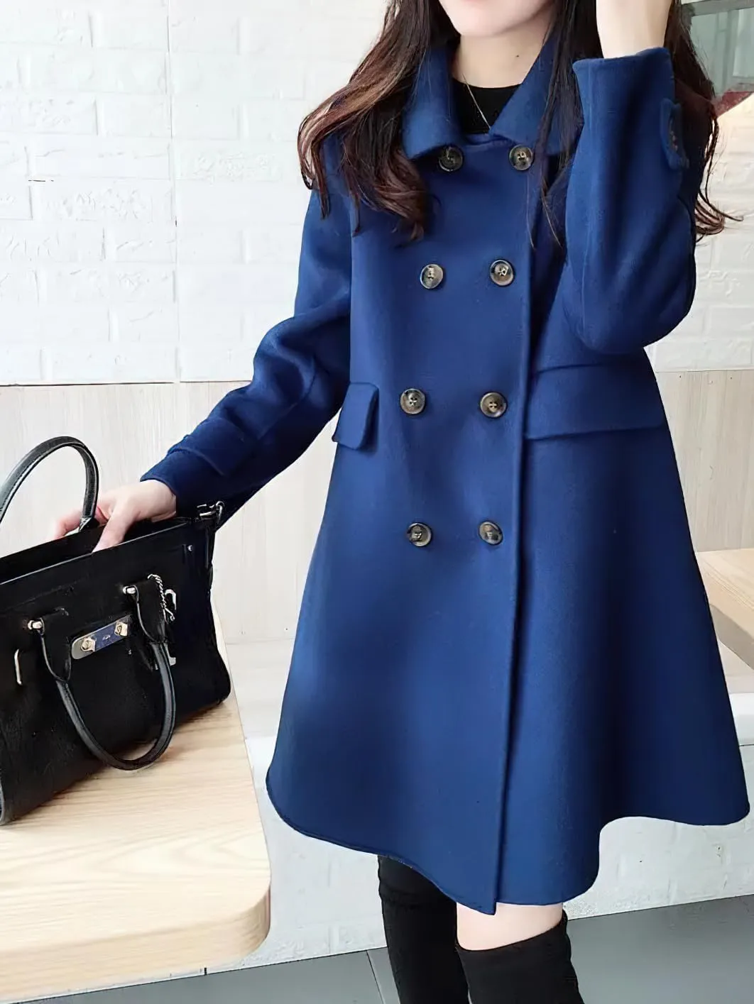 chouyatou Women's Elegant Lapel Collar Overcoat Mid Long Double Breasted Pea Coat Wool Blend Trench Coat