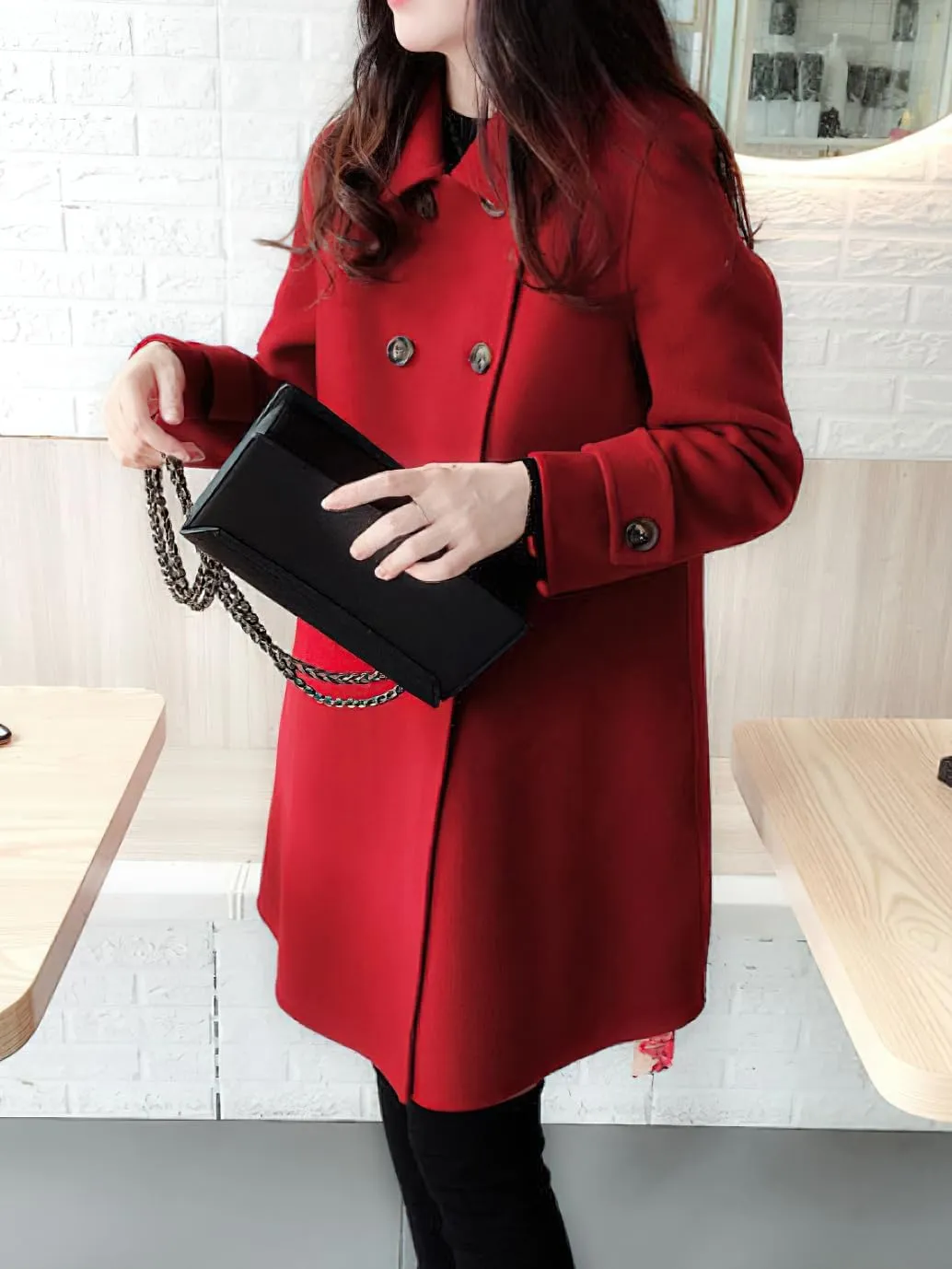 chouyatou Women's Elegant Lapel Collar Overcoat Mid Long Double Breasted Pea Coat Wool Blend Trench Coat