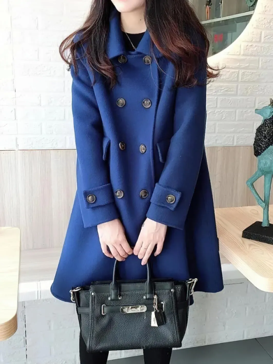 chouyatou Women's Elegant Lapel Collar Overcoat Mid Long Double Breasted Pea Coat Wool Blend Trench Coat
