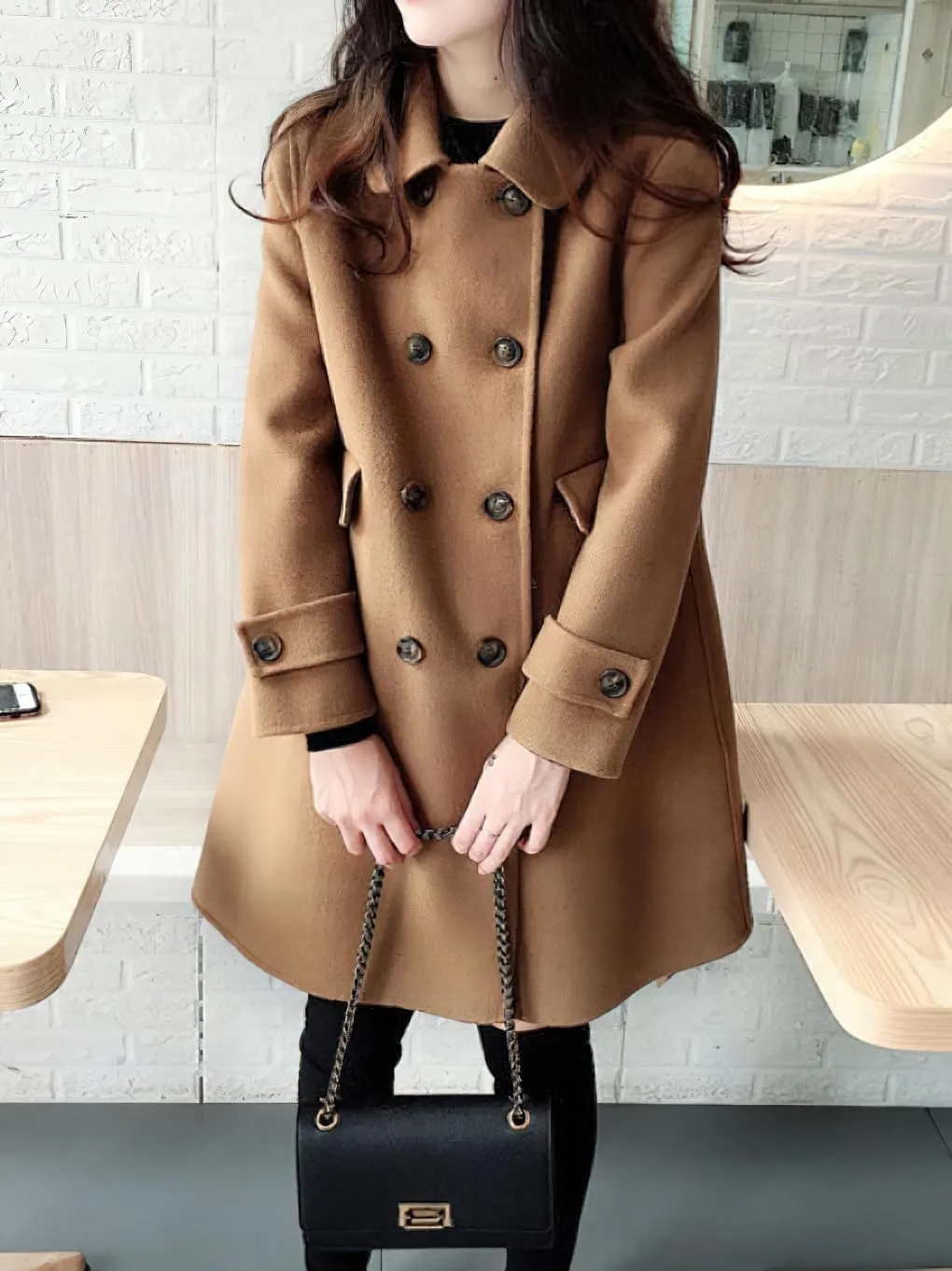 chouyatou Women's Elegant Lapel Collar Overcoat Mid Long Double Breasted Pea Coat Wool Blend Trench Coat