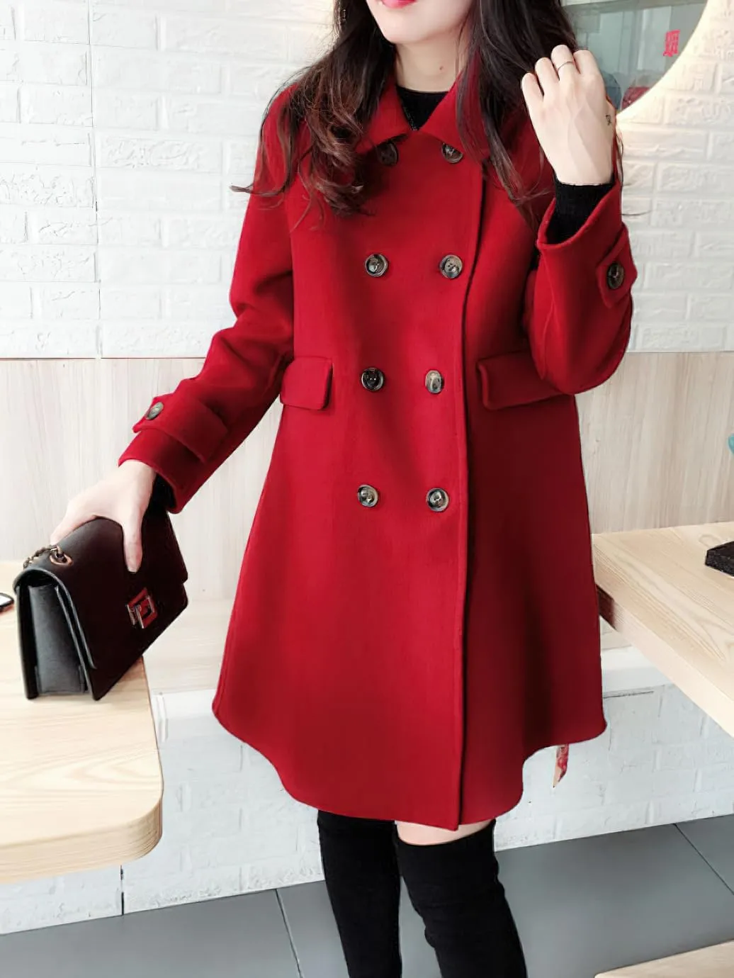 chouyatou Women's Elegant Lapel Collar Overcoat Mid Long Double Breasted Pea Coat Wool Blend Trench Coat