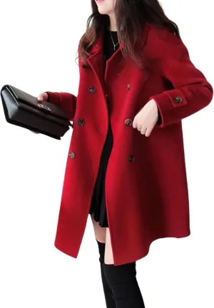 chouyatou Women's Elegant Lapel Collar Overcoat Mid Long Double Breasted Pea Coat Wool Blend Trench Coat