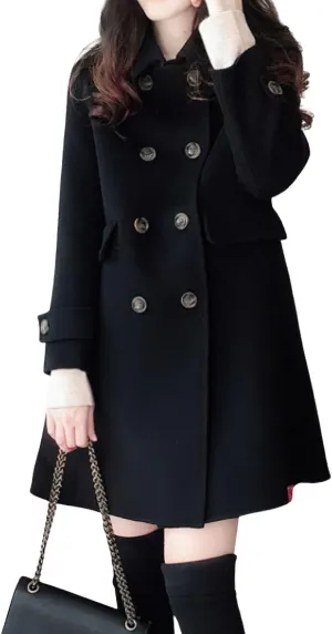 chouyatou Women's Elegant Lapel Collar Overcoat Mid Long Double Breasted Pea Coat Wool Blend Trench Coat